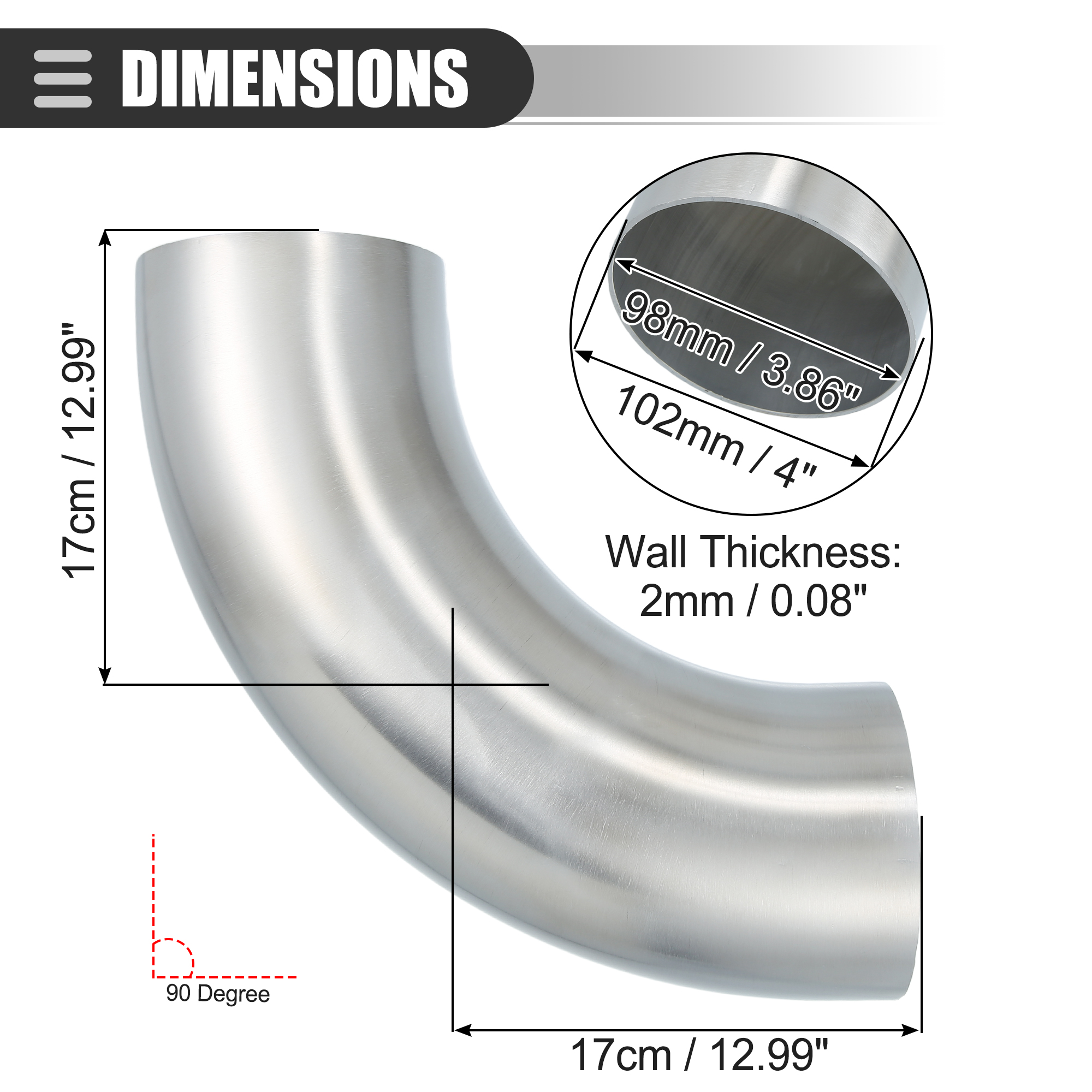 Unique Bargains Leg Length 4 Inch Intercooler Pipe 90 Degree Bend Elbow Tube 4" OD 102mm
