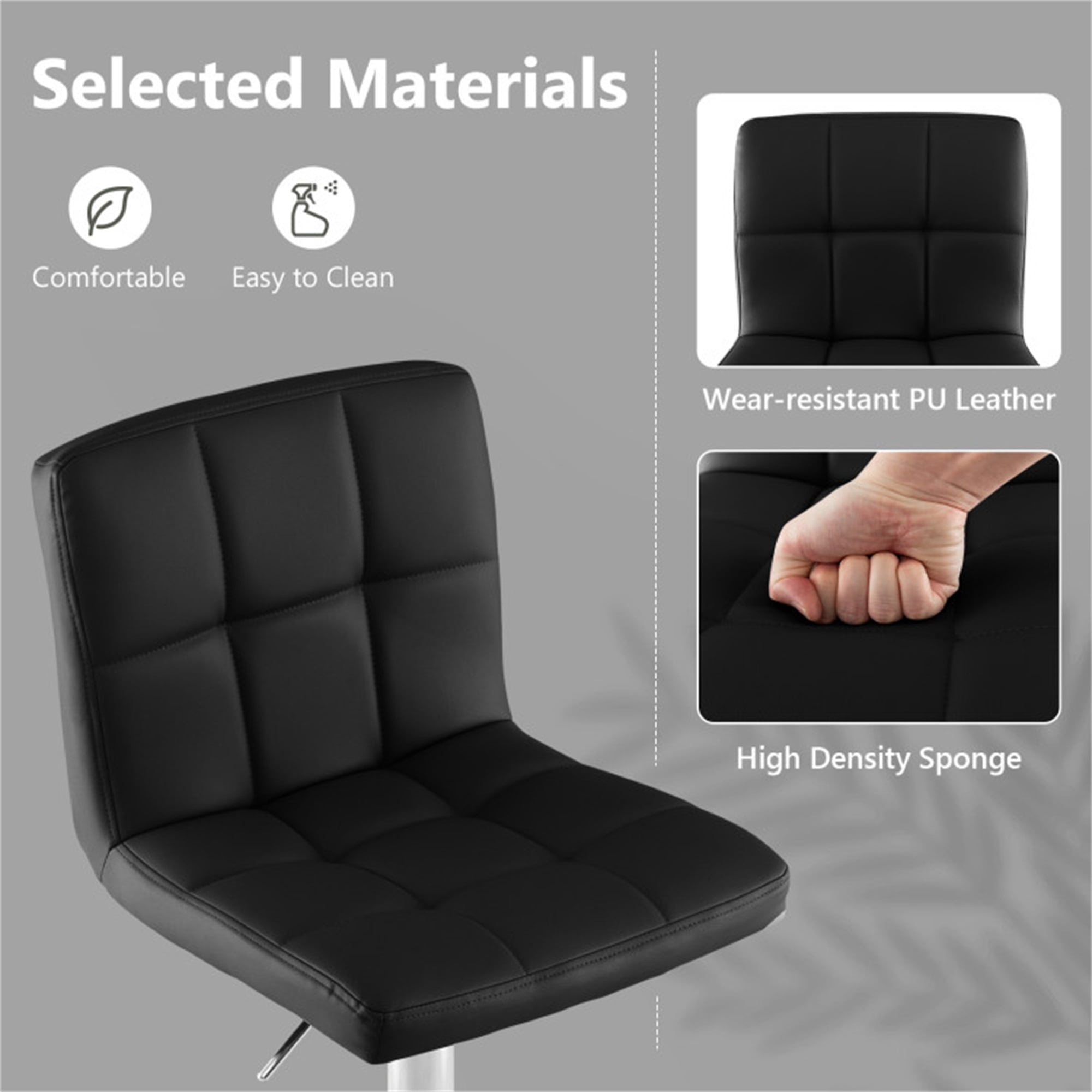 Demi Bonn Armless PU Leather Bar Stool with Adjustable Height and Swivel Seat, Modern Dining Chair with Backrests, Black