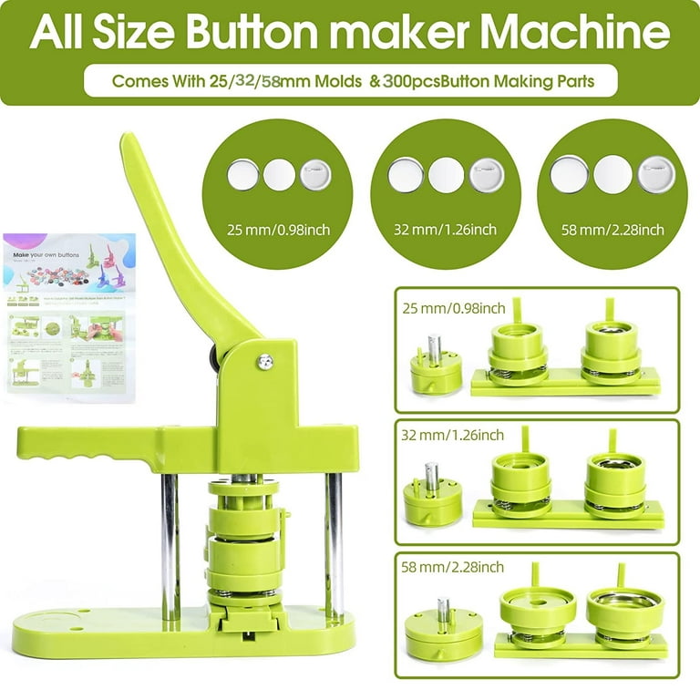 VIFERR Button Maker Machine, 300pcs Button Making Supplies Multiple Sizes  1+1.25+2.28 inch DIY Pin Button Press Machine Button Badge Green 
