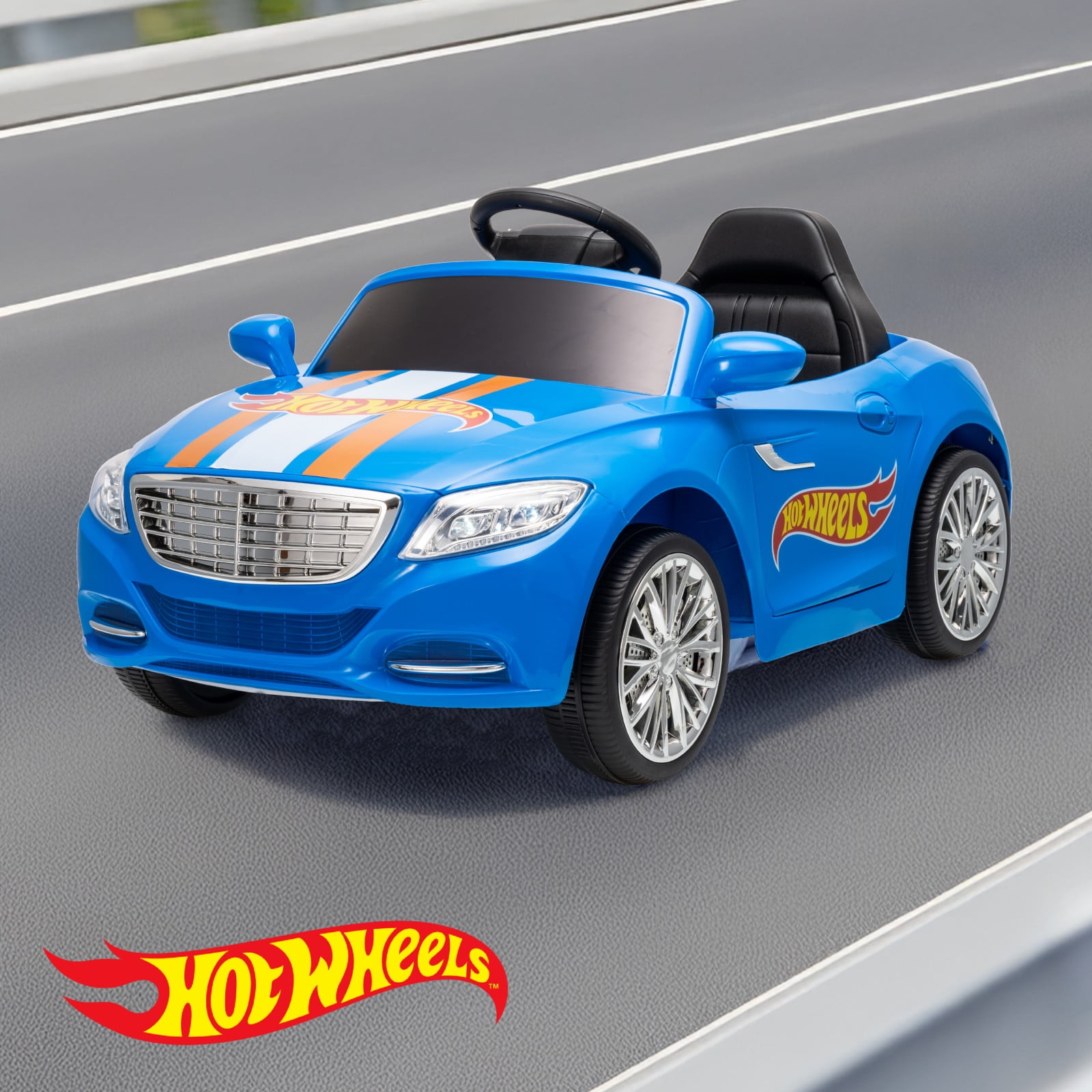 Hot Wheels 6V Battery-Powered Convertible Ride-On Car for Kids, Blue with Racing Stripes