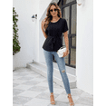 thumbnail image 5 of IWEMEK Women Tops Crewneck Short Roll Sleeve Summer Blouses Elegant Fashion Chic Pleated Solid Black Shirt with Belt, 5 of 6