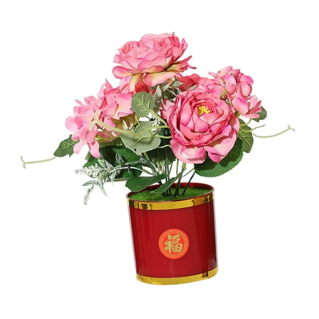 Ramo de rosas artificiales sedosas en maceta, arreglo floral tipo bonsái.