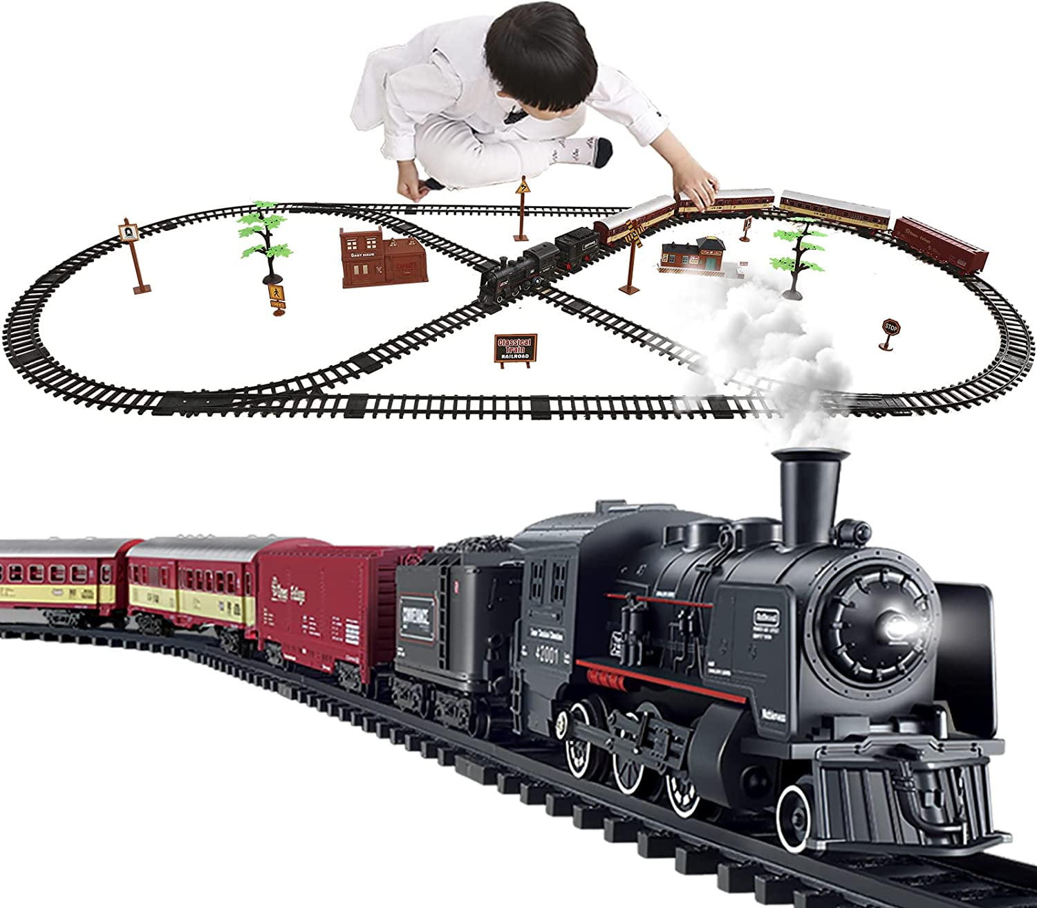  Train Sets with Steam Locomotive Engine, Cargo Car and Tracks,  Battery Powered Play Set Toy w/Smoke, Light & Sounds, for Kids, Boys &  Girls 3 4 5 6 7 Years Old 