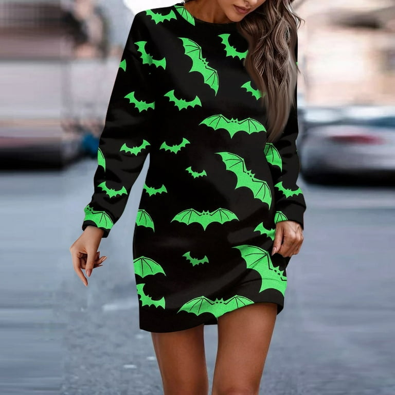 ZKIRBJV Halloween Sweatshirt Dress for Women 2024 Bat Print Oversized Long Sleeve Sweaters Dress Party Crew Neck Dressy Hoodie Dresses Scary Loose Curvy Winter Pullover Costumes Green XL Walmart