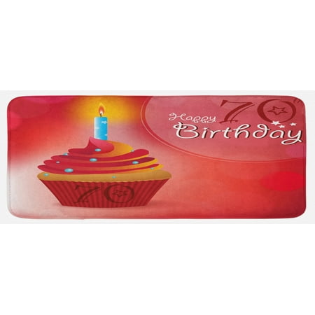 

70th Birthday Kitchen Mat Abstract Sun Beams Inspired Backdrop with Surprise Party Cupcake Image Plush Decorative Kitchen Mat with Non Slip Backing 47 X 19 Red and Orange by Ambesonne