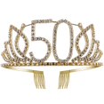 thumbnail image 1 of Tiara de cumpleaños con corona con peine para el pelo, diamantes de imitación de cristal, regalo de cumpleaños, años para mujeres (dorado), 1 of 3