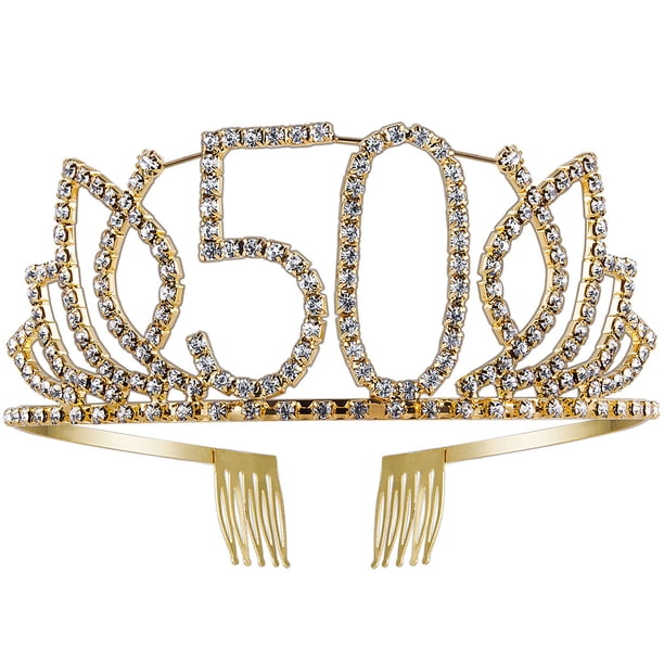 Tiara de cumpleaños con corona con peine para el pelo, diamantes de imitación de cristal, regalo de cumpleaños, años para mujeres (dorado)