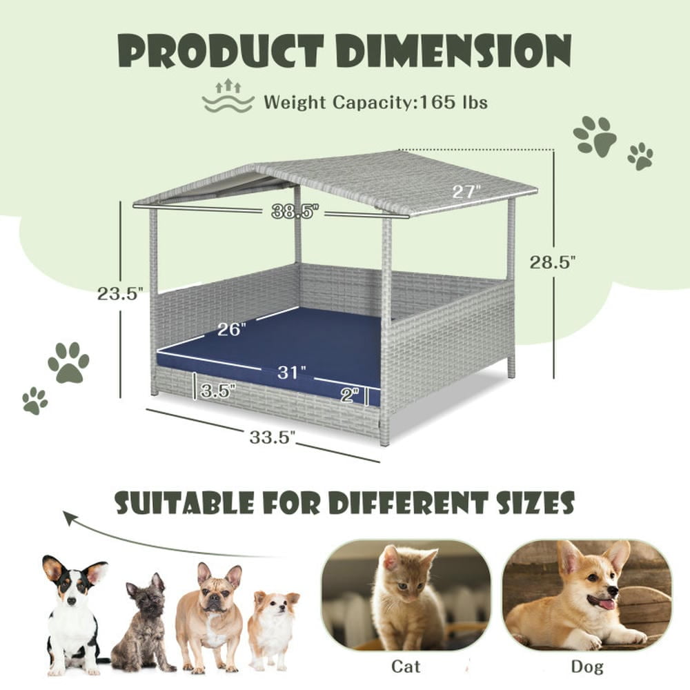 Spaco Wicker Dog House with Waterproof Roof and Washable Cushion Cover-Navy, Dog House, Indoor Outdoor Durable Ventilate Waterproof Pet Dog House