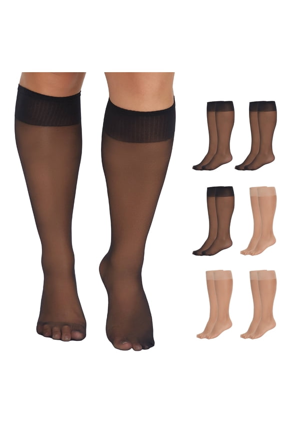 6 Pairs Plus Size Knee High Stockings for Women Sheer Nylons Socks