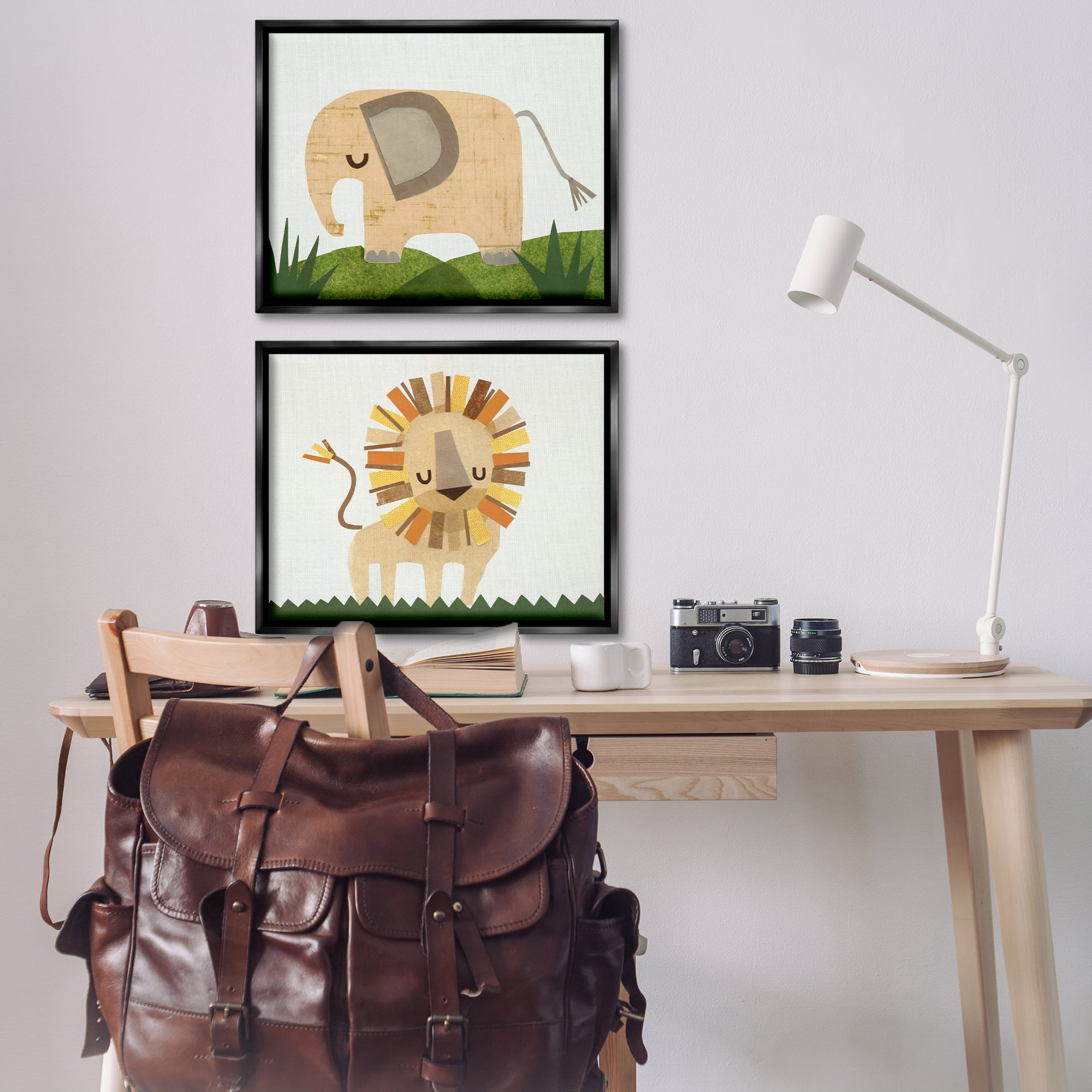 Stupell Industries Adorable Cozy Elephant & Lion Animals Painting Black Floater Framed Canvas Art Print Wall Art, 31 x 25, Set of 2