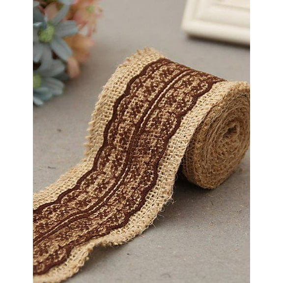 AK-Trading 2.5" Wide x 10 Yards Long Natural Burlap Craft Ribbon with Lace (Jute Ribbon, Burlap Tape, Rustic Decor) with Brown Lace