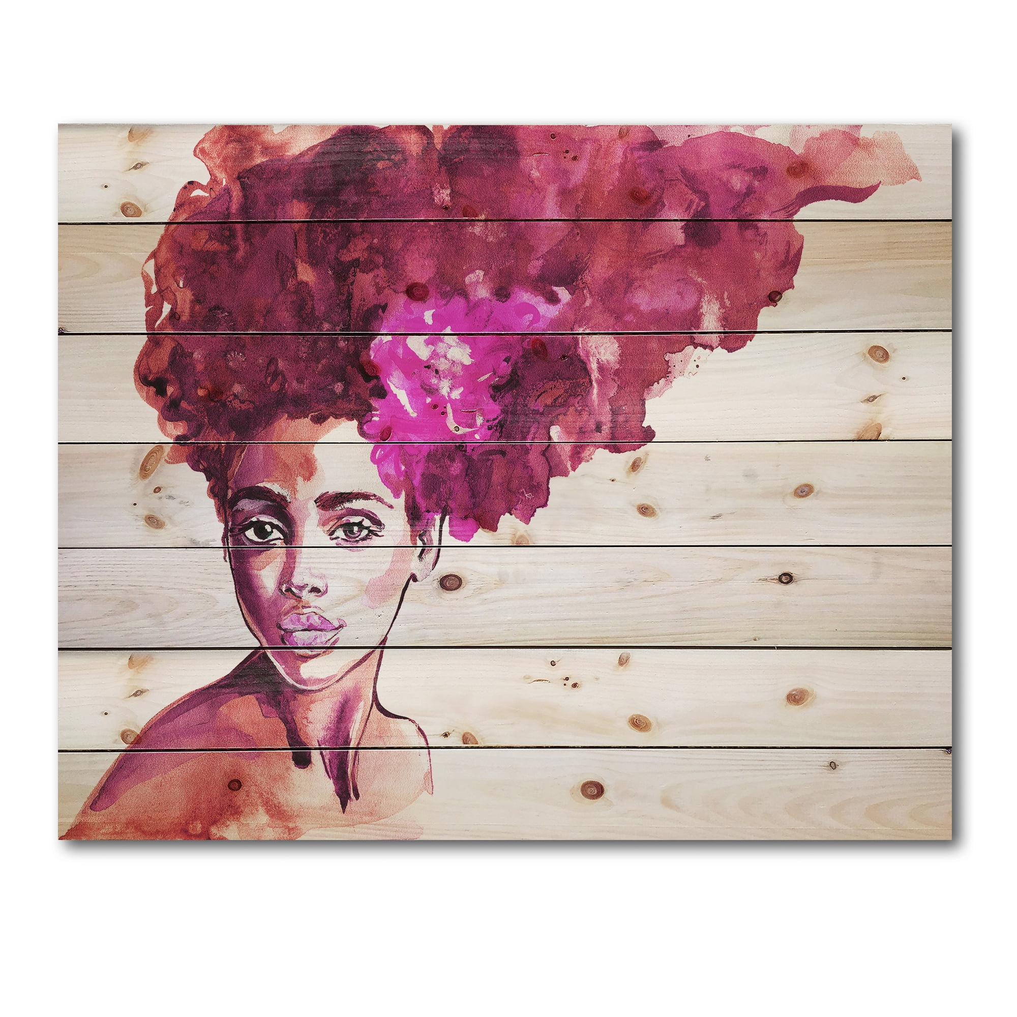 Designart 'Portrait of Afro American Woman VI' Modern Print on Natural Pine Wood