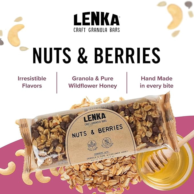 LENKA Handmade Craft Granola Bars | Nuts & Berries | Gluten Free High Fiber | Nutritious Snack Bar with Almonds, Cashews & Peanuts | 12 Pack