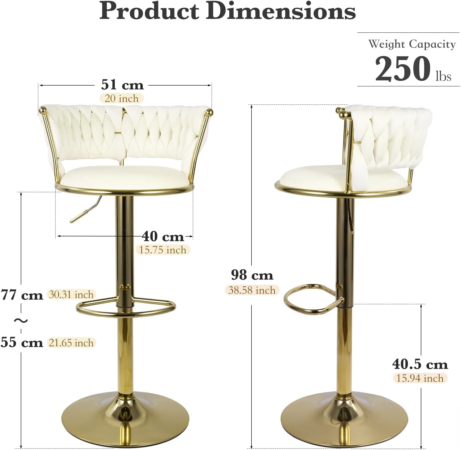 Homefun Swivel Velvet Bar Stools Set of 2, Height Adjustable Counter Height Stools with Low Back, Gold Swivel Bar Chairs for Kitchen Island