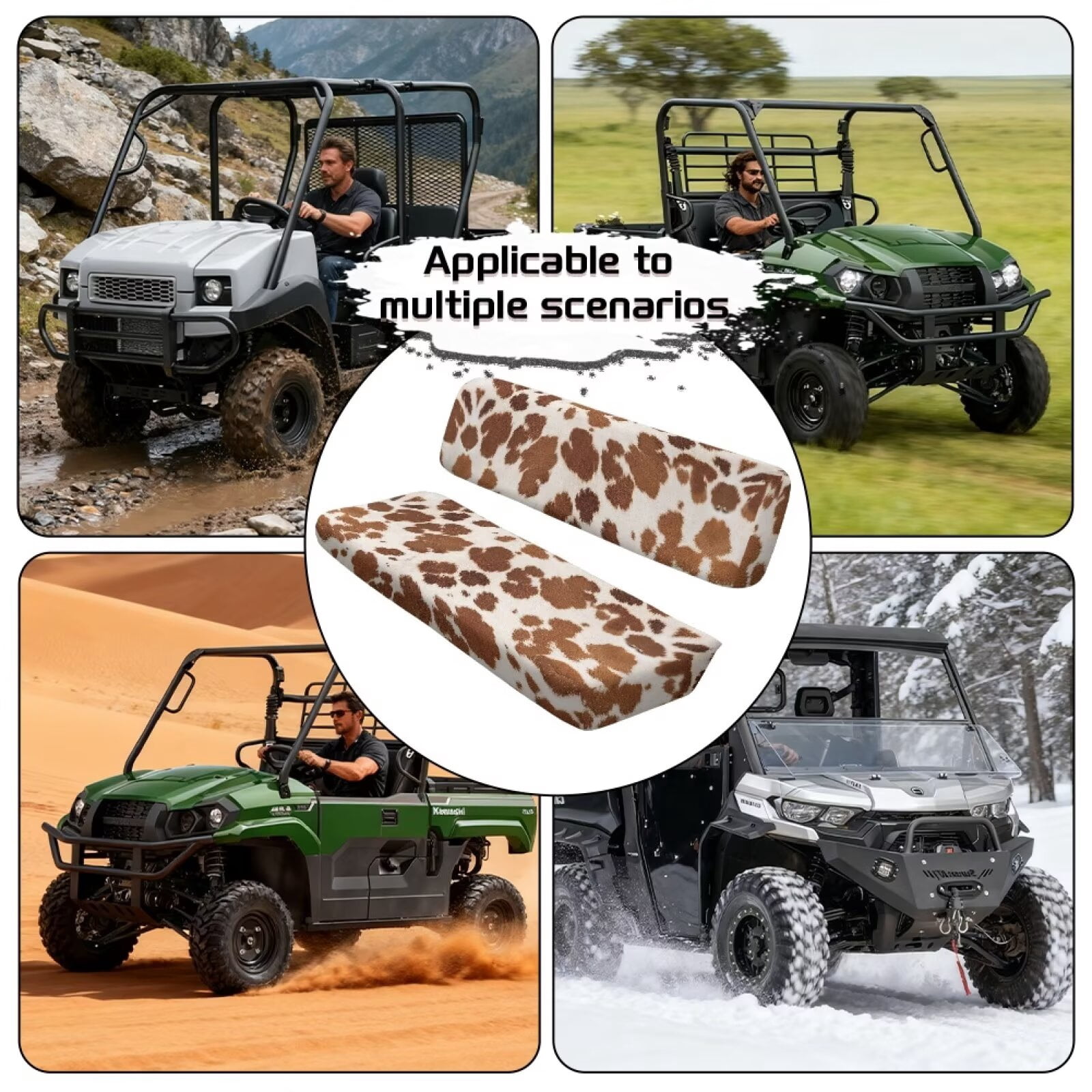 Uorisanigo UTV Seat Cover Compatible with Kawasaki Mule 4010 4x4 FE 2025 2023 2022 2021, Non-Slip Brown Cow Print Mule Bench Seat Cover Windproof All Weather UTV Accessories