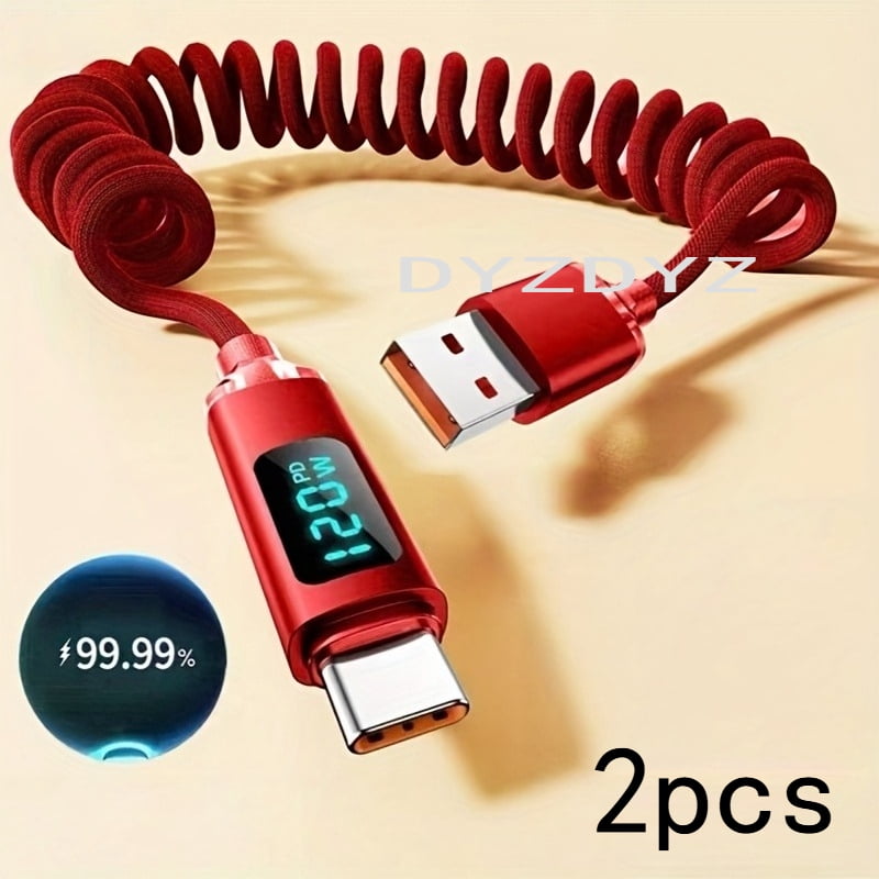 2pcs USB A to Type-C Super Fast Charging Data Cable | 3.3/6.6 Feet, Nylon Braided, Retractable, Compatible with Apple, Huawei, Samsung, Oppo, 50W Power Output, Tangle-free