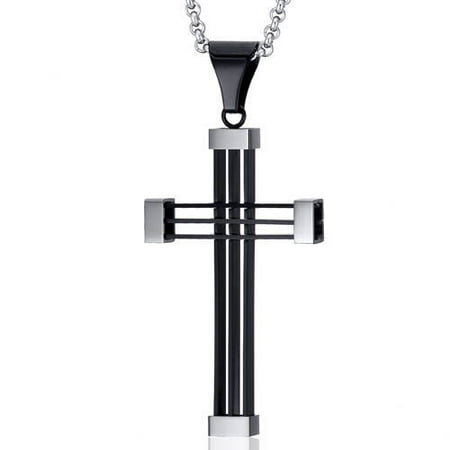 Oravo Timeless Confidence Unisex Stainless Triple Bar Black Steel Modern Cross Pendant Necklace