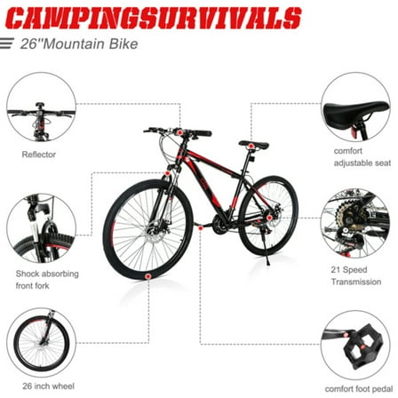 26 Inch 21 Speed Mountain Bike Fits Riders 5'0"  Red Black