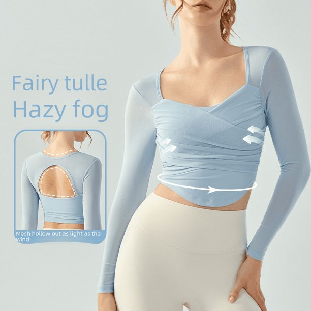 Ropa de yoga de manga larga con almohadilla para el pecho que se puede usar al aire libre para cubrir el pecho, malla deportiva de manga larga, belleza sexy, espalda, ropa Pure Fitness para