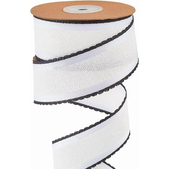 10 Yard Raw Edge Ribbon 1.5 Inch Wired Felt Ribbon White Double Sided Herringbone Striped Frayed Christmas Fabric Trim with Black Lace