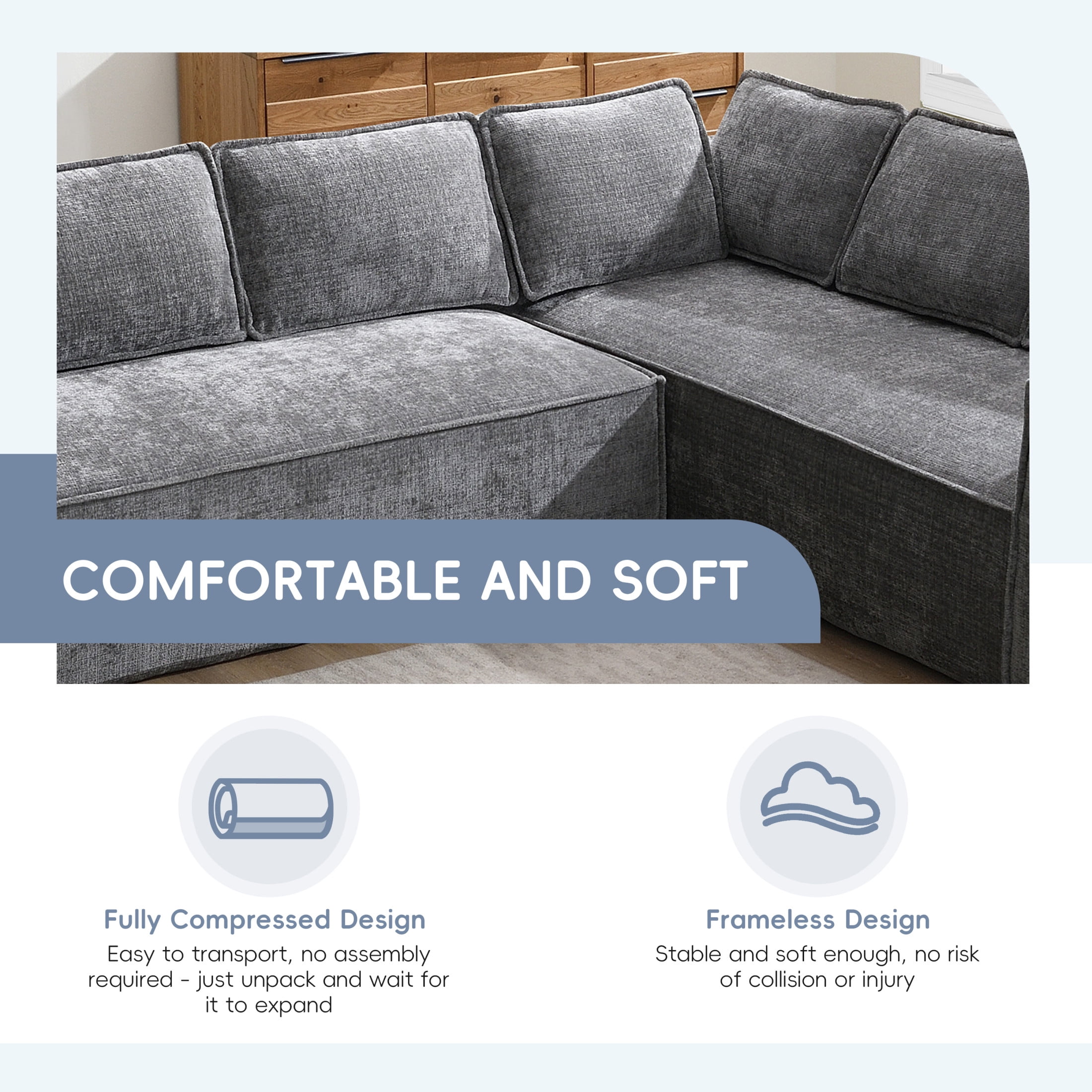 Noble House 129.5" Modular L-Shaped Sectional Sofa, Modern Chenille Cloud Couch Set for Living Room, Gray