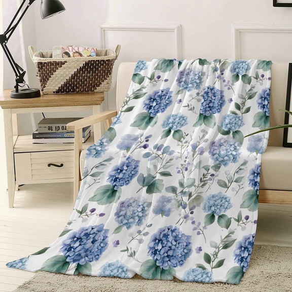 Fleece Blanket Blue Flower Hydrangea Eucalyptus Leaf Blankets, Soft Cozy Warm Flannel Throw Blanket, Watercolor Floral Seamless Blanket for Bed Couch Sofa,40x50In