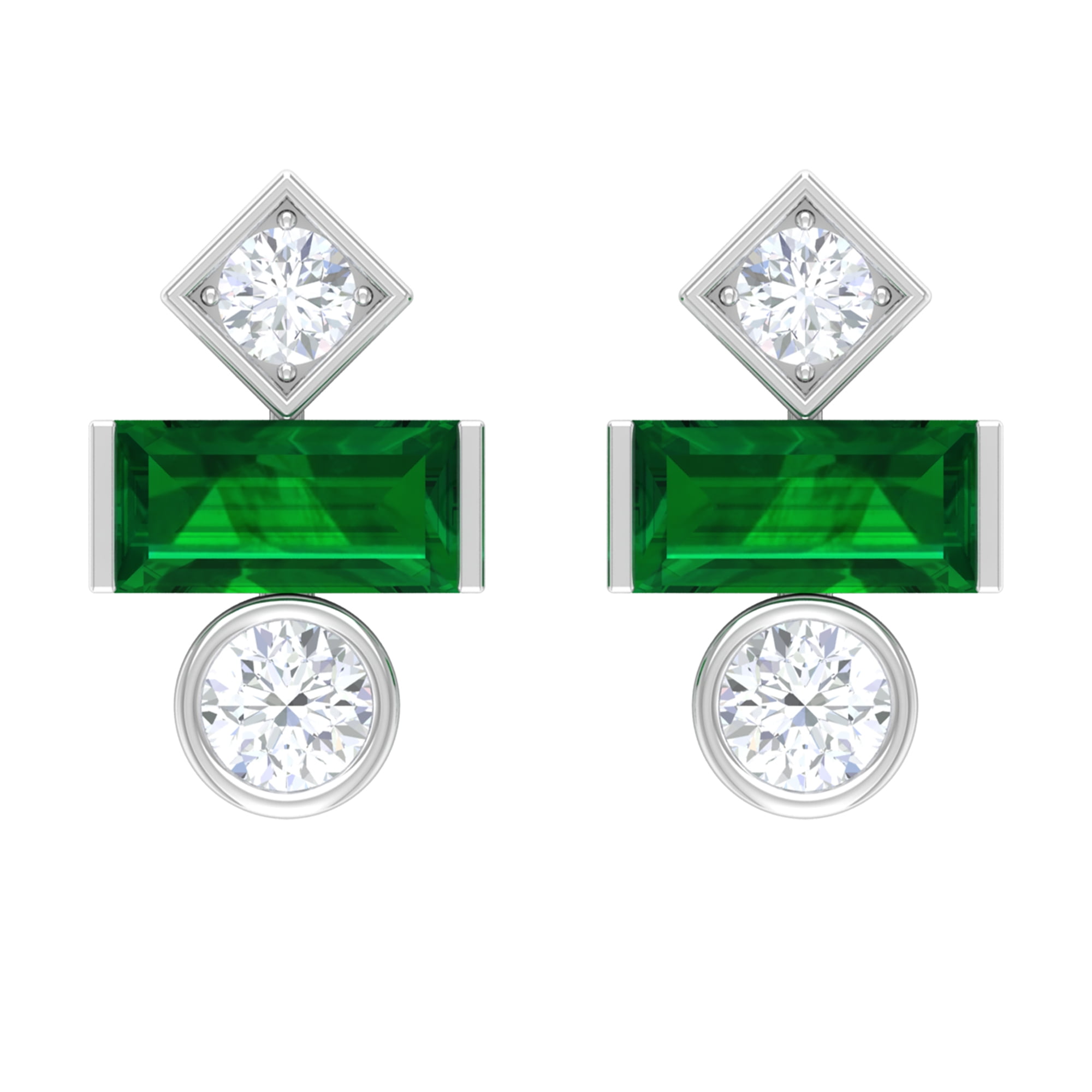14Kt White Gold 2 Ct Emerald 6mm Bezel Round Stud Earrings 