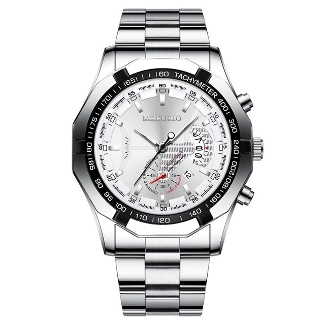 reloj de pulsera reloj no mecánico reloj de hombre con esfera grande reloj de hombre reloj de hombre calendario conceptual súper grande cinturón de acero creativo Pomoko. Vista frontal centrada de reloj masculino con esfera blanca de 46 mm, marcadores aplicados y subesferas con calendario conceptual; bisel negro con taquímetro, cristal de espejo claro y caja y correa de acero inoxidable pulido con cierre de doble cara. A menudo usado también como accesorio de estilo formal o para seguimiento diario de fechas debido a su calendario conceptual.