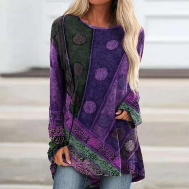 Puntoco Mujer O-cuello Estilo étnico Estampado Casual Manga larga Tallas grandes Moda top Puntoco Puntoco-6133