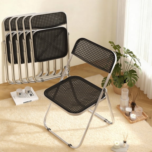 HDHNBA Indoor Outdoor Stackable Rattan Look Plastic Folding Chairs 350 LBS, Set of 6, Black