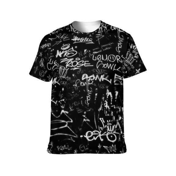 LAOLIUSN Men's Black White Graffiti T-Shirt, Abstract Streetwear Graphic Tee, Short Sleeve All Over Print Shirt, S-4XL