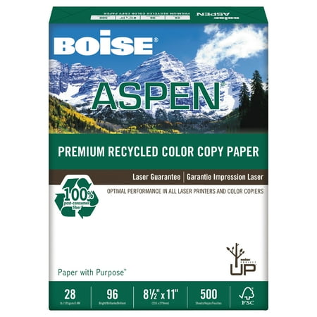 Boise ASPEN Premium Recycled Paper, 96 Bright, 28lb, Letter, White, 500 Sheets