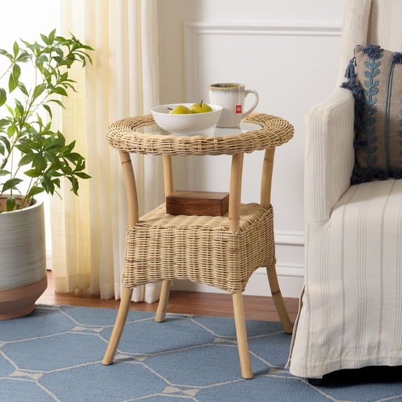 Safavieh Damary Morden Rattan Rround End Table, Natural / Glass