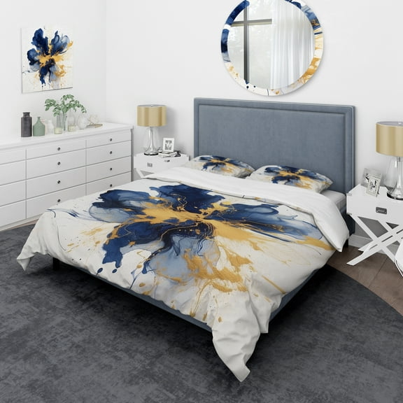Designart "Strokes in Dark Blue and Gold I" Fractals Bedding Covert Set - Abstract Blue Modern Bed Set With 2 Shams