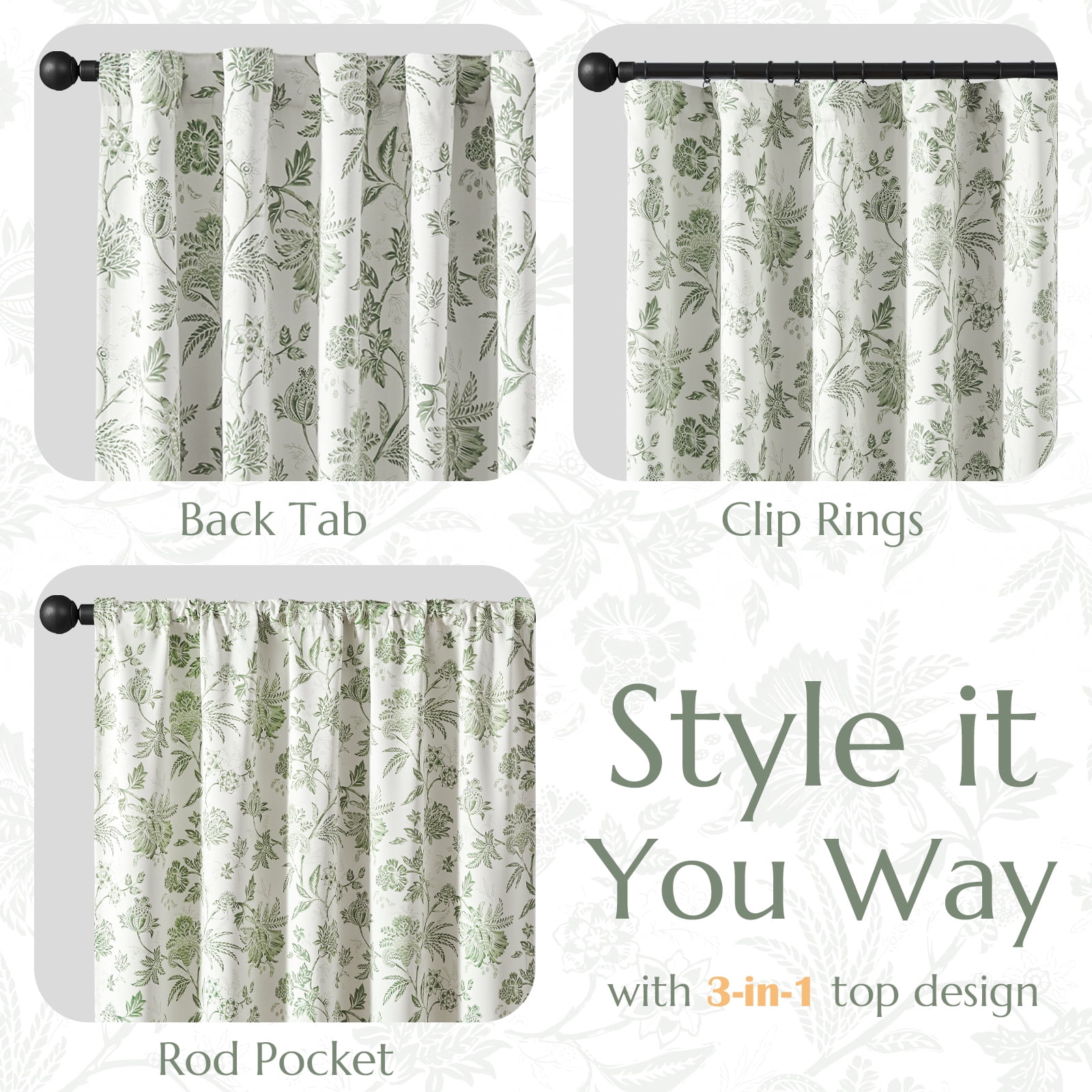 Curtainking Luxury Look Farmhouse Green Floral Print Rod Pocket Blackout Curtains, 84" (2 Panels)