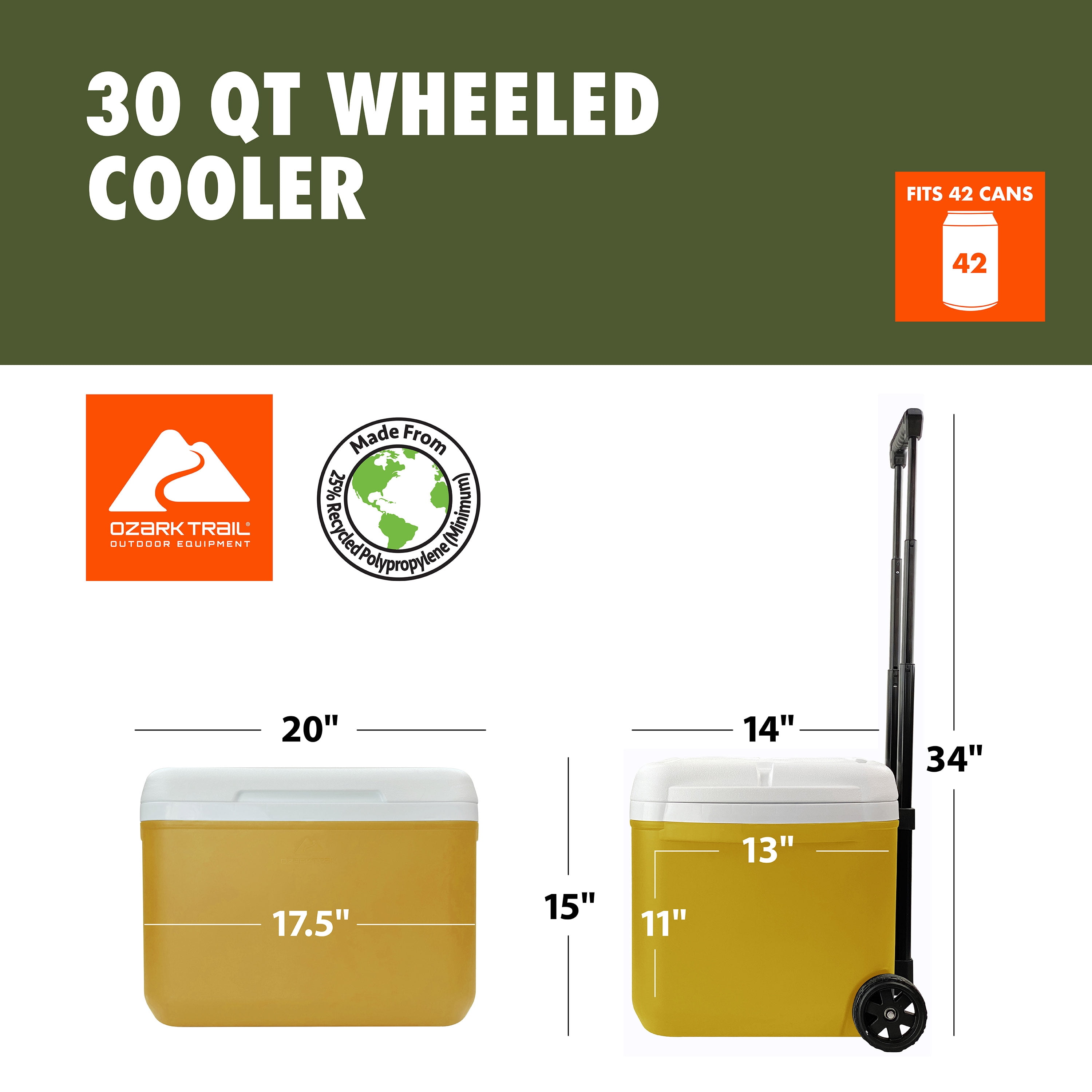 Ozark Trail 30 Quart Capacity Hard Side Wheeled Cooler, 42-Can, Mustard Gold