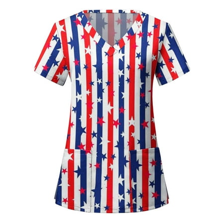 

Sksloeg Scrubs Tops Women Stretchy USA Star Stripes Pattern Blouse Short Sleeve Nurse Working Uniform V Neck Graphic Scrub Shirts Red S