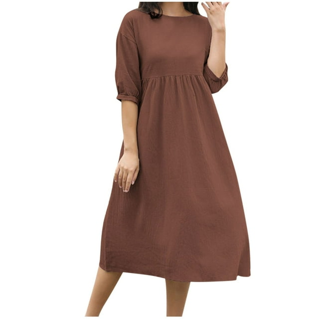 Cameland Robe en Coton et Lin pour Femmes Été Couleur Unie Col Rond Manches Courtes Robe Maxi Décontractée Douce et Fluide avec Poche