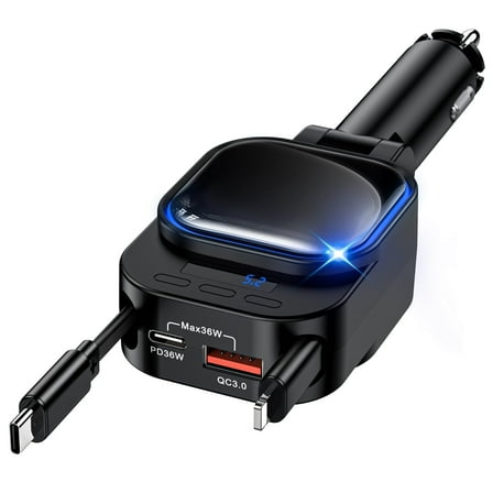 96W Retractable Car Charger, 4 in 1 Car Charger Adapter with USB-A USB-C Port & 2 Retractable Cables, Car Accessories Adapter for SUV, RV, Truck, iPhone 16e/16/15/14/12,Galaxy,Pixel