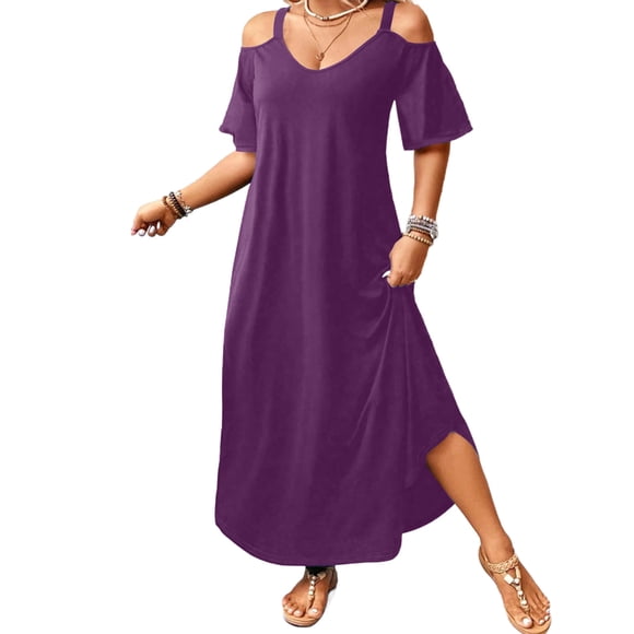 Robe Maxi à Épaules Dénudées pour Femme, Col en V, Manches Courtes, Robes d'Été 2026 pour Femmes, Couleur Unie, Décontractée, Fluide, Sortie de Plage