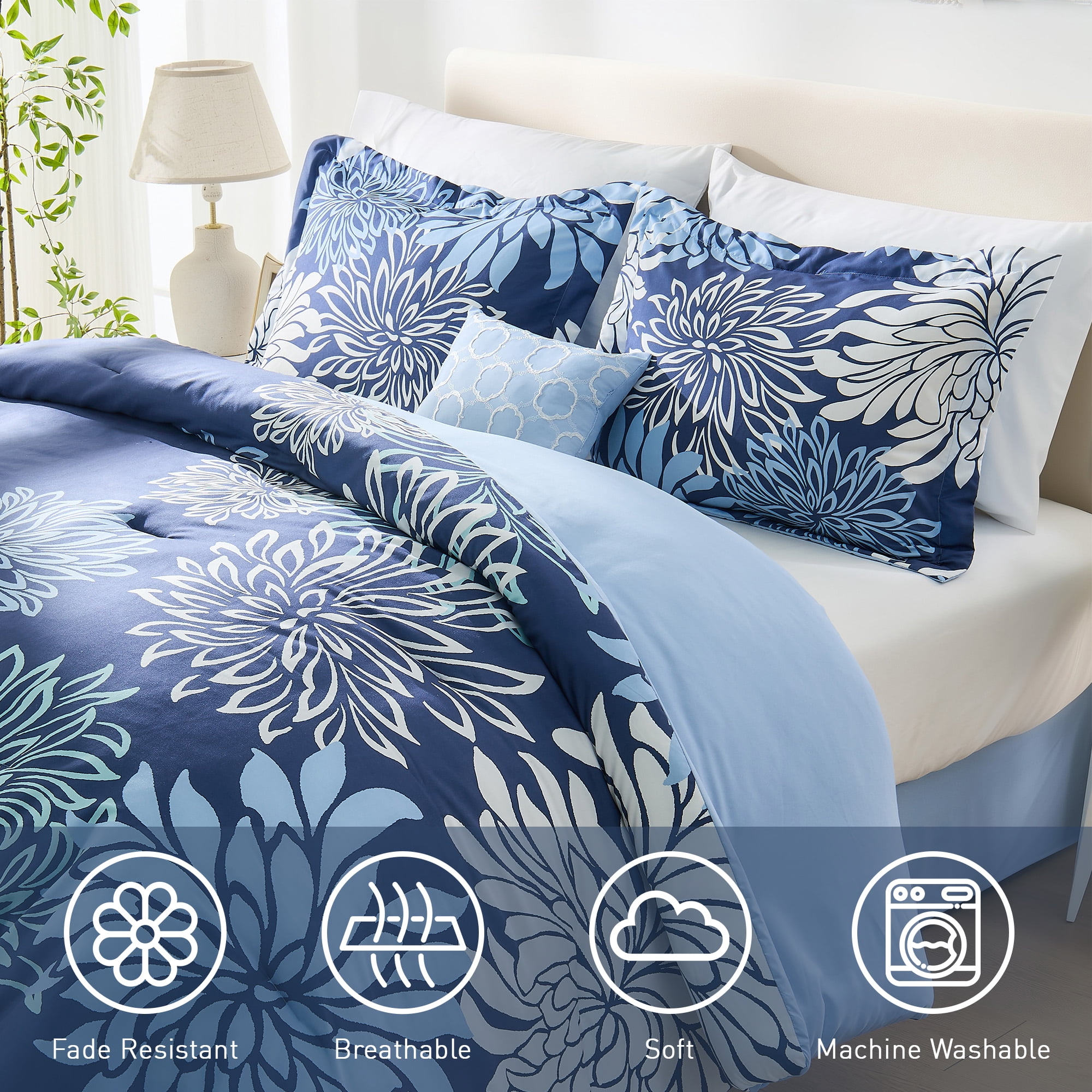 Regency Heights Queen Size Comforter Set, 5-Piece Floral Bedding Set for All Season, Blue Comforter Set Queen with Bed Skirt