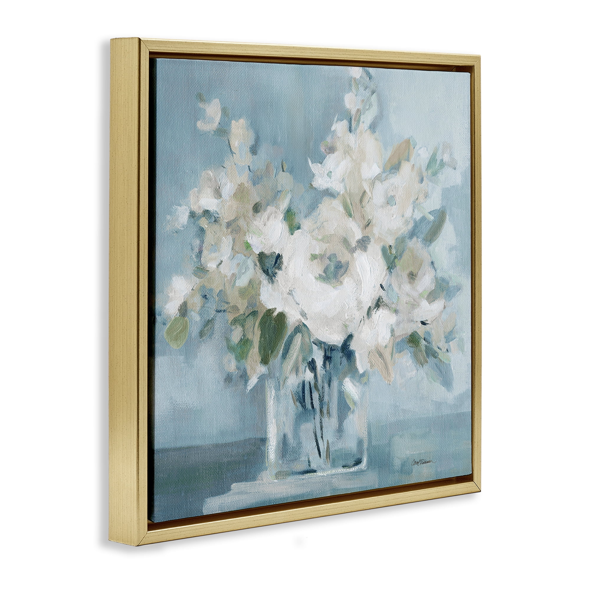 Stupell Industries Soft White Blossoms Vase Plants & Flowers Painting Gold Floater Framed Canvas Art Print Wall Art, 18 x 18