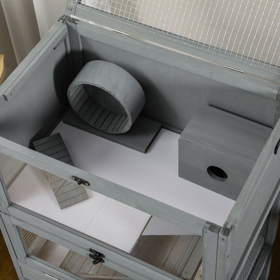 Pet Playpen PawHut Wooden Hamster Cage with Storage Shelf, Large Hamster Cage Including Seesaw, Small Animal Cage with Sliding Tray, Wide Ramp for Racing, Running Wheel, 35.5" H,Guinea Pig Cage