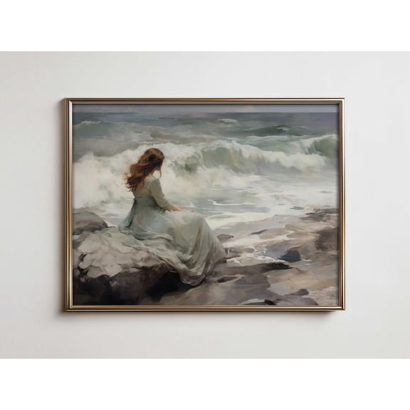 Woman By The Sea Print, Vintage Coastal Home Decor #2804, 8x12 UNFRAMED