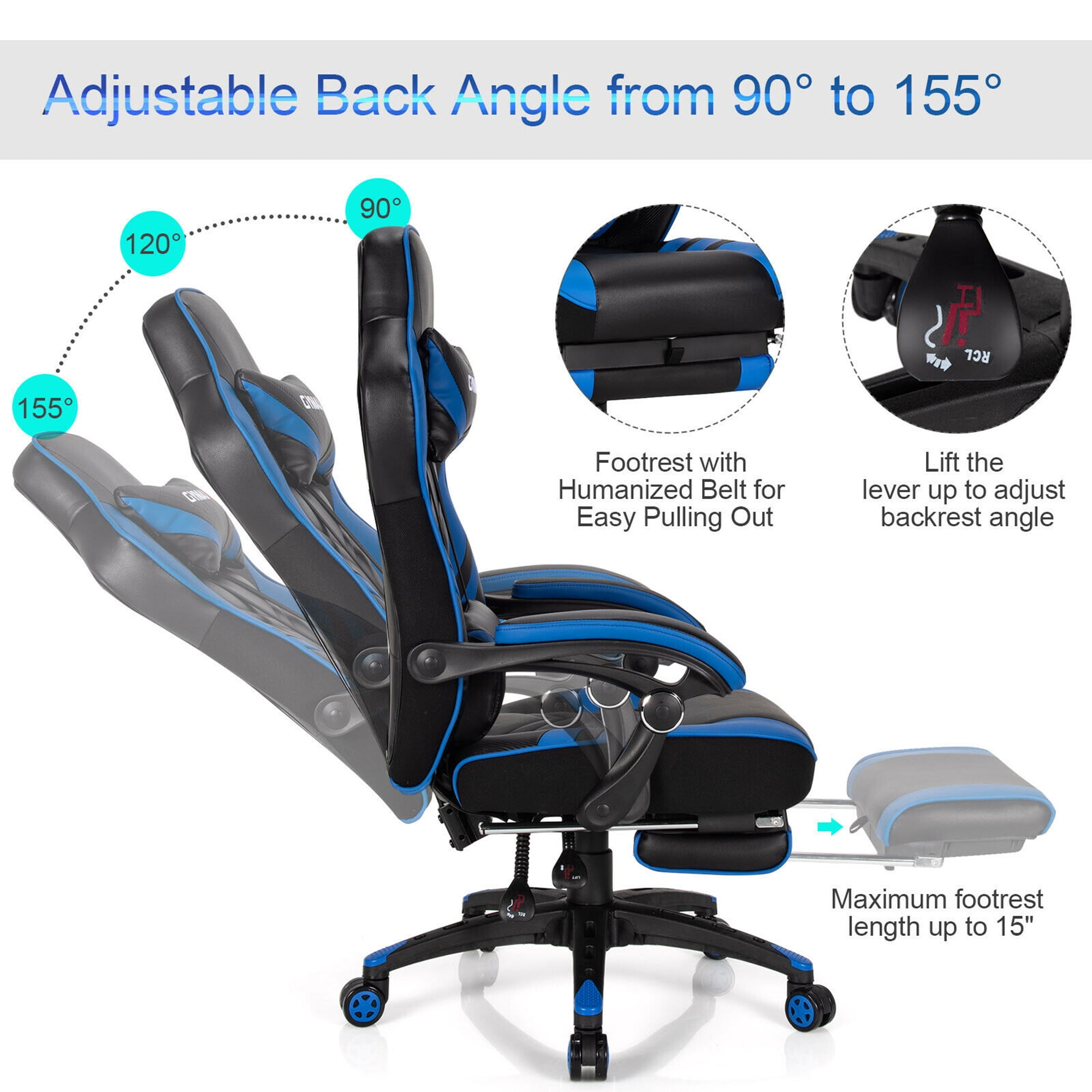 Gymax Office Computer Desk Chair Gaming Chair Adjustable Swivel w/Footrest Blue