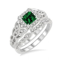 1.50 Carat Princess cut Emerald and Diamond Bridal Set in 14k White Gold affordable emerald and diamond engagement ring