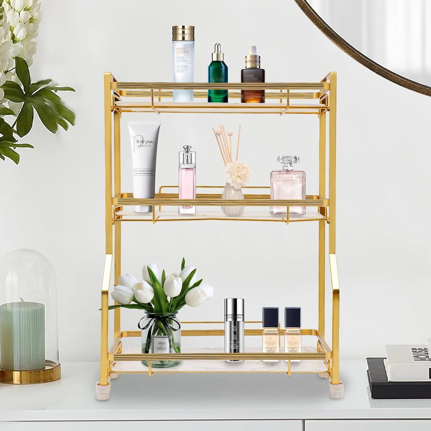 3 Tier Bathroom Counter Organizer - Dresser Countertop Storage, Cosmetics Skincare Shelf Organizer, White Gold Makeup Cosmetic Storage Corner Storage Organizers for Bathroom Kitchen