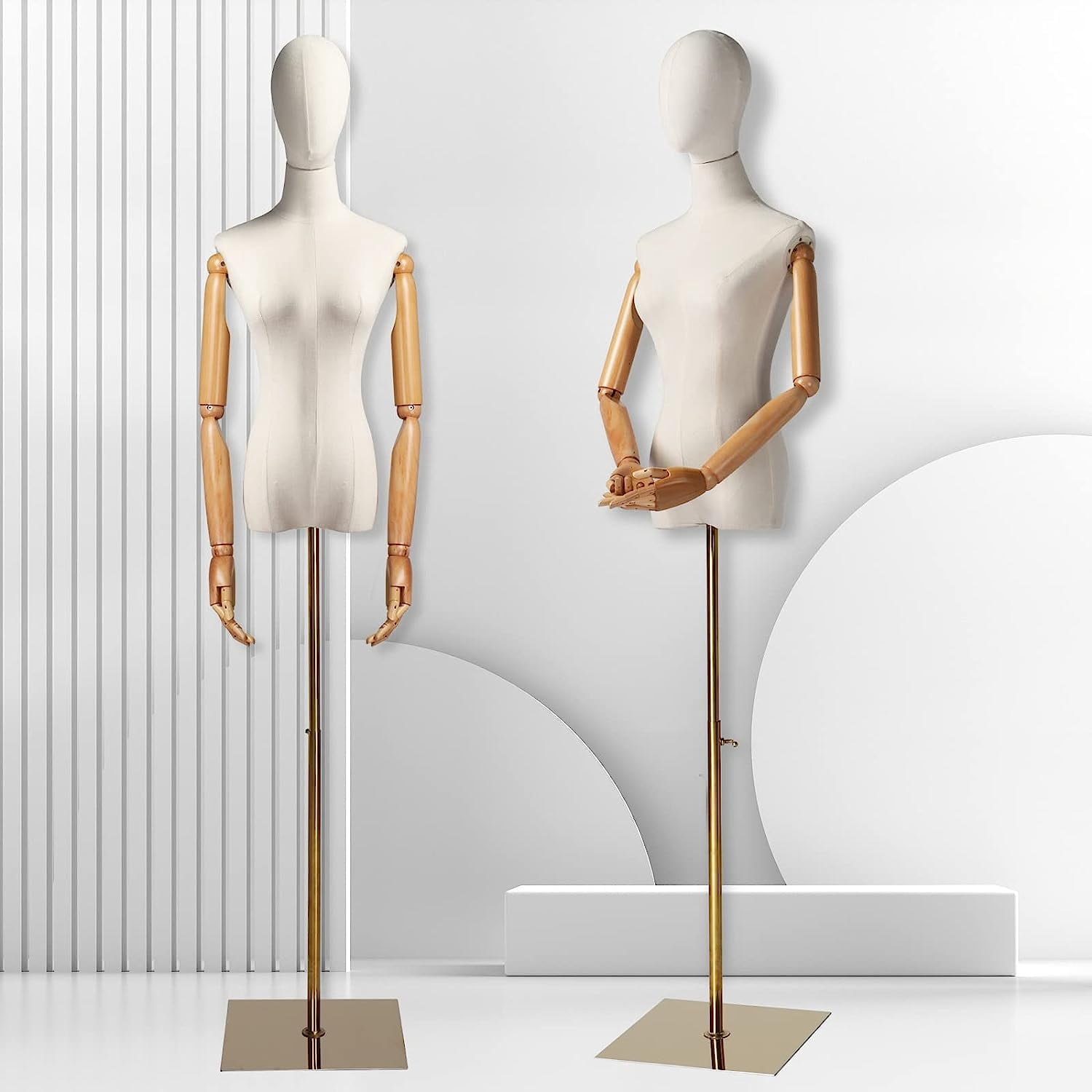 Bonnlo Female Head and Posable Wooden Arms Mannequin with Metal Base, 29.5"-52", White/Brown