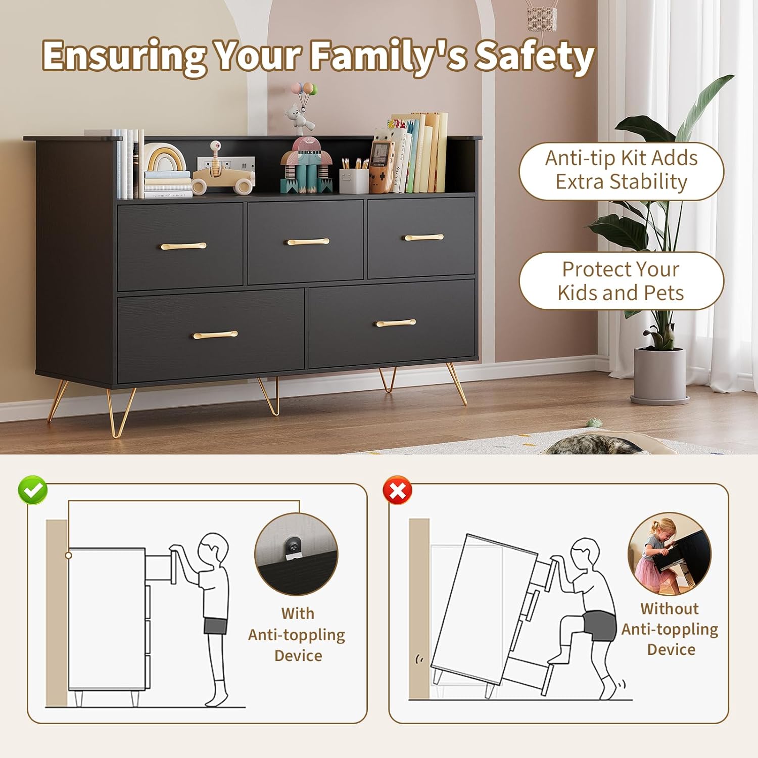 Black Dresser for Bedroom, 47" Wide Chest of Drawers with LED Lights, Charging Station & 5 Smooth-Sliding Drawers, Modern Wood Storage Cabinet for Entryway, Hallway, Living Room