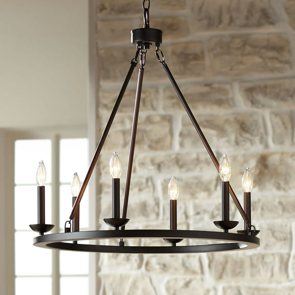 Franklin Iron Works Myland Bronze Wagon Wheel Chandelier 27" Wide Industrial 6-Light Fixture for Dining Room House Kitchen Island Entryway Bedroom